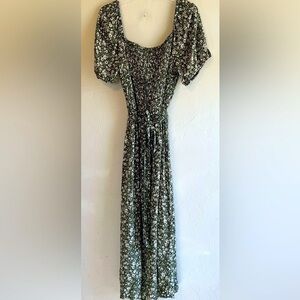 Olive Green & White Ditzy Floral Smocked Bodice Puff Sleeve Midi Dress Sz 1X